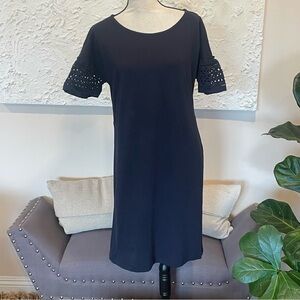 Talbots Eyelet Interlock Shift Dress Short Sleeve Cotton Navy Blue Sz M NWT
